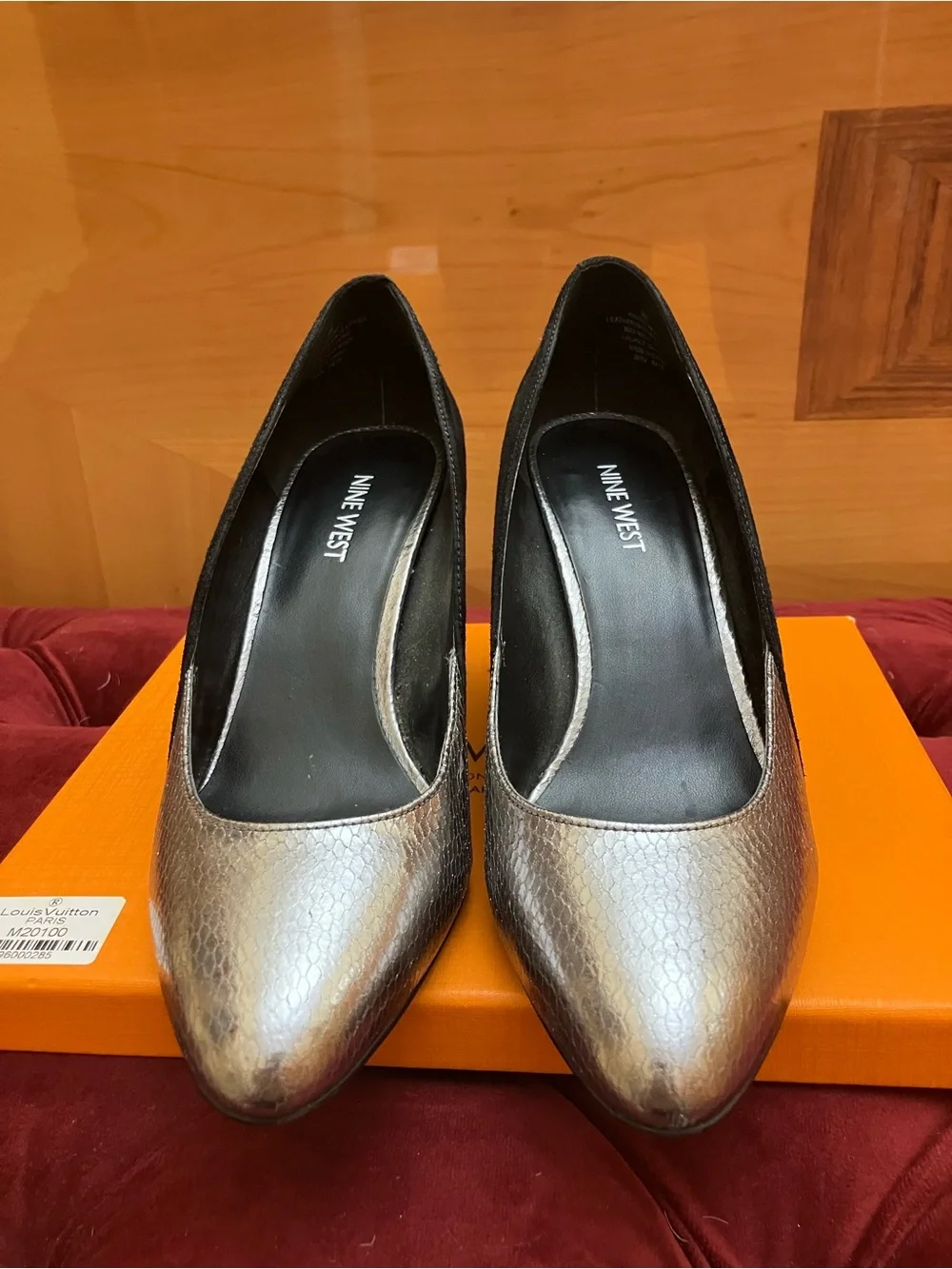 Women’s Two-Tone Black Suede and Metallic Silver Pointed Wedge Pumps